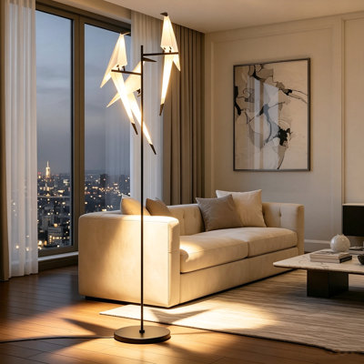 Lampe sur pied moderne à DEL de 165 cm de hauteur avec 3 abat-jours en forme d'oiseau, éclairage d'ambiance multidirectionnel, lampe sur pied artistique avec pied et tige en métal noir pour salon, chambre et bureau