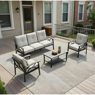 Ensemble de meubles de patio en métal 4 pièces, canapé de conversation toutes saisons à 5 places avec coussins gris épais de 4 pouces, structure noire, table basse pour jardin dans la cour arrière