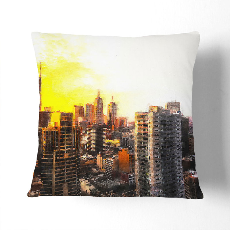 Melbourne Australia Skyline Painting Cushion with Filling, 55cm H x 55cm W x 20cm D