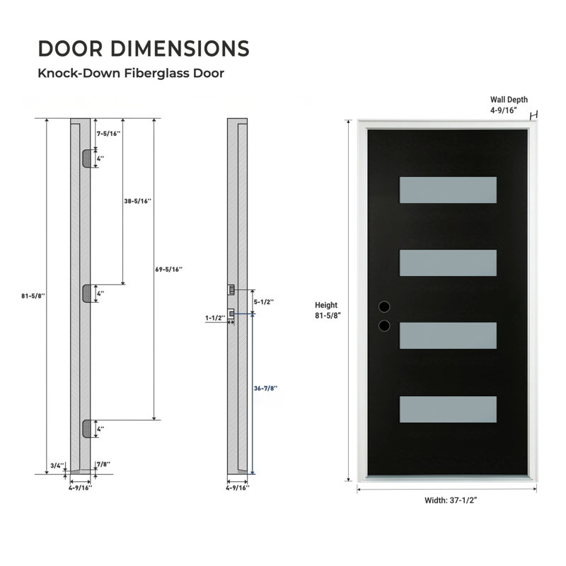 Porte d'entrée en fibre de verre 36 po x 80 po avec verre givré et moulure de brique, Noir, Droite / vers l'intérieur