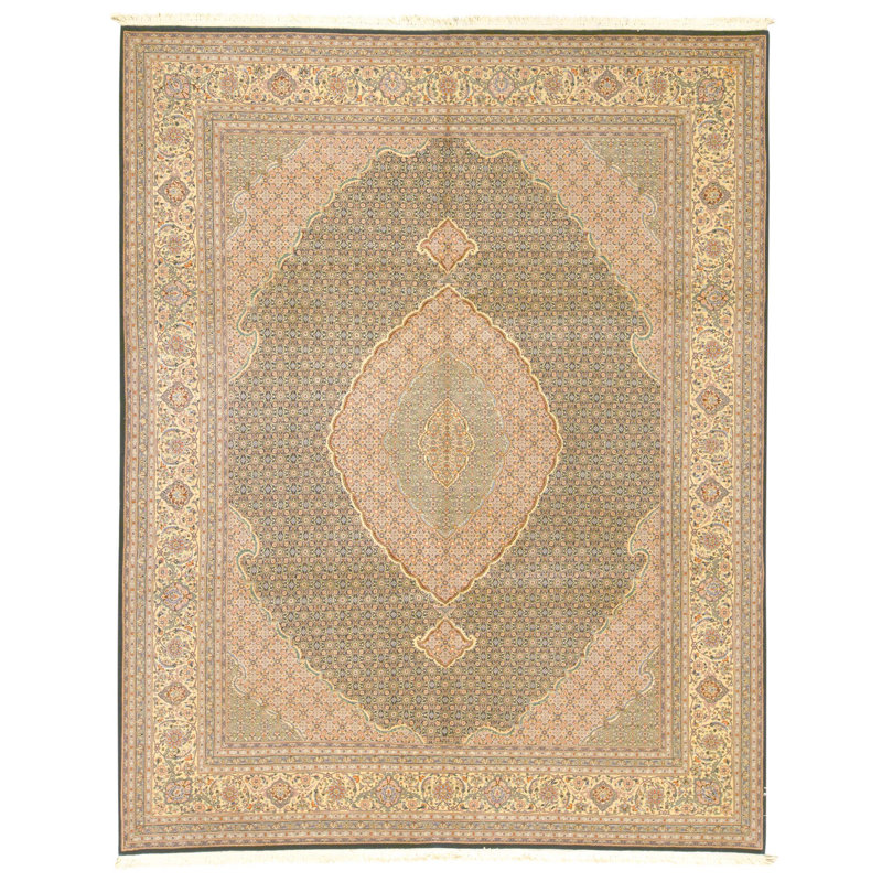 Tapis vert et beige noué à la main de haute qualité