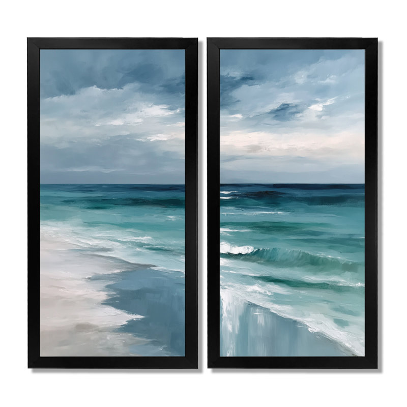 «Coastal Waves» dans des tons bleus et blancs - art mural côtier, impression sur toile 2 pièces, H 36 po x l 48 po, Noir