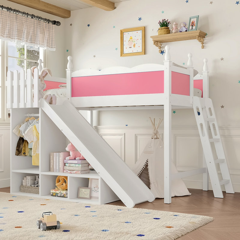 Twin Loft Bed With Storage Shelves And Wardrobe, Solid Wood Loft Beds With Detachable Slide And Ladders, No Spring Box Needed, Pink And White (Patent Protection)