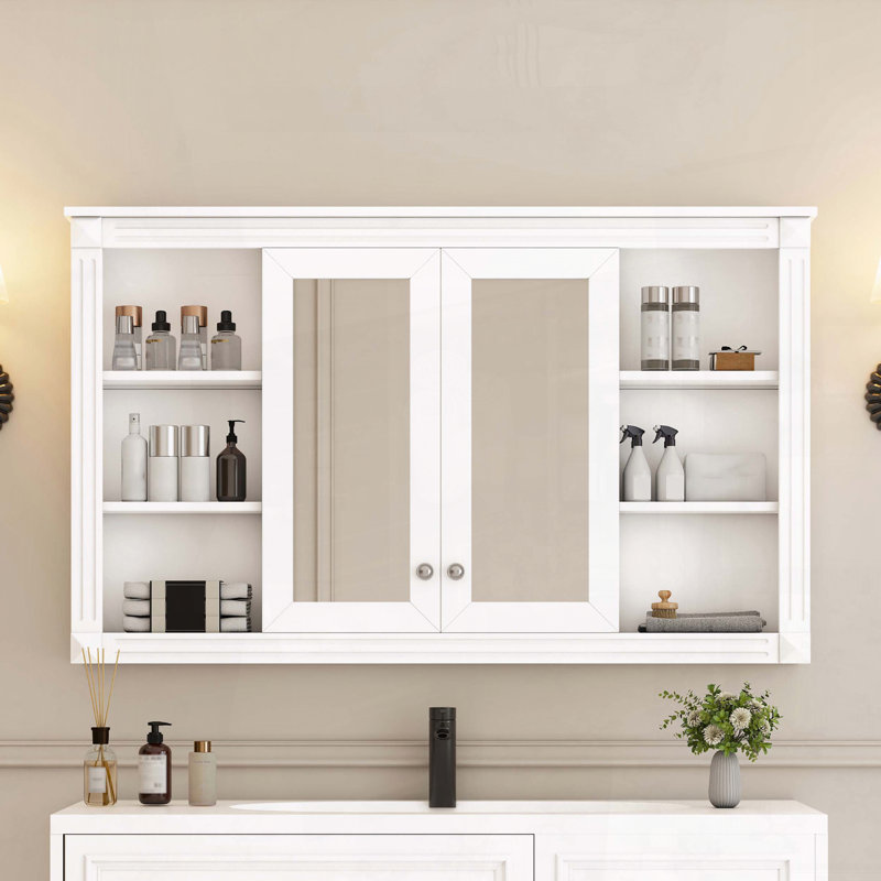 Armoire à miroir murale de 47 pouces avec tablette réglable et tablettes ouvertes