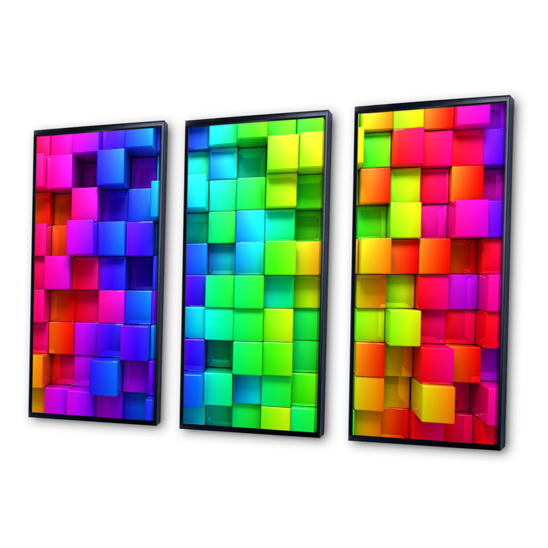 Arc-en-ciel de boîtes colorées - Ensemble de 3 reproductions d'art encadrées abstraites sur toile, H 20 po x l 36 po x P 1 po