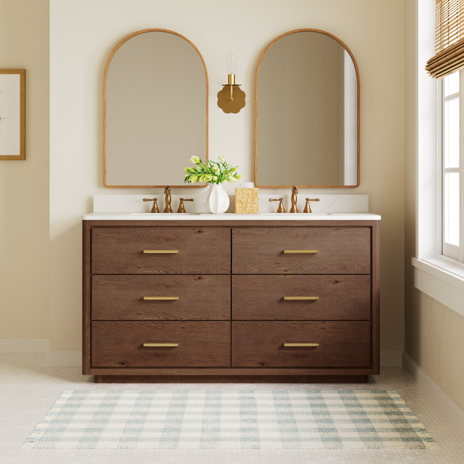 Porto 60'' Double Bathroom Vanity, Dark Brown Oak, Gold