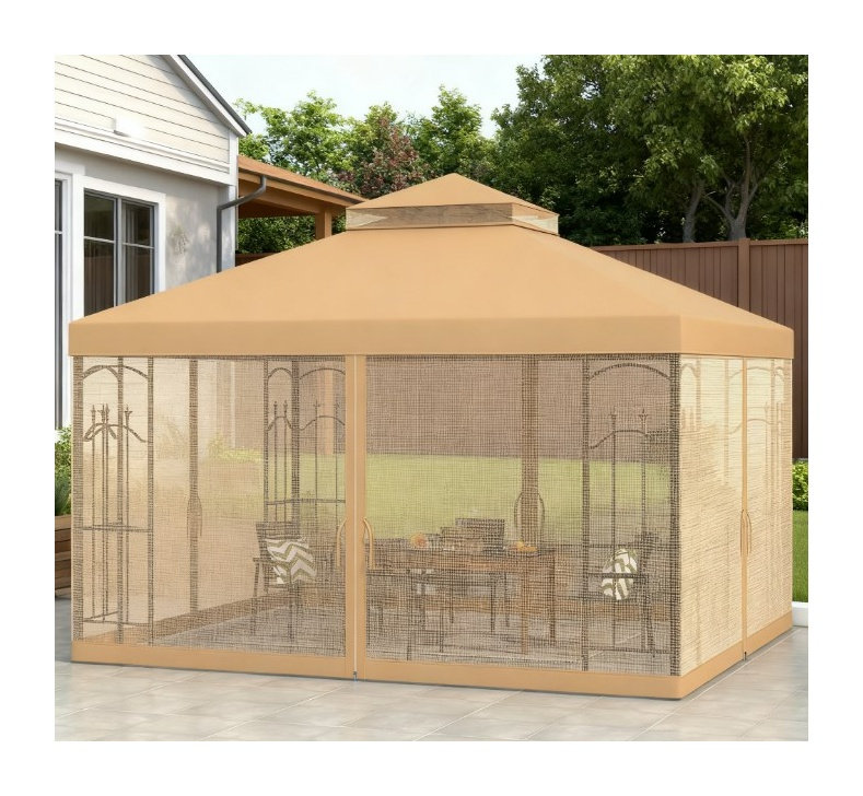 Abri de jardin à toit double 11,8 pi x 9,8 pi avec filet, tente de patio en acier brun et gris