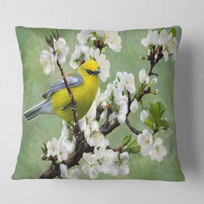 Oiseau sur une branche de cerisier, housse de coussin carré et insert