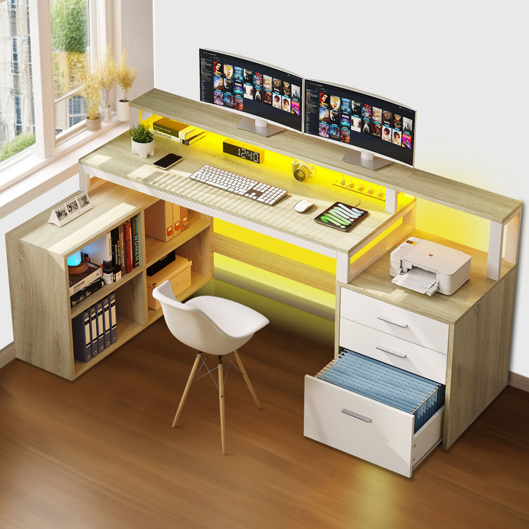 Carolgene 65'' L Shaped Desk with Power Outlets & LED Lights