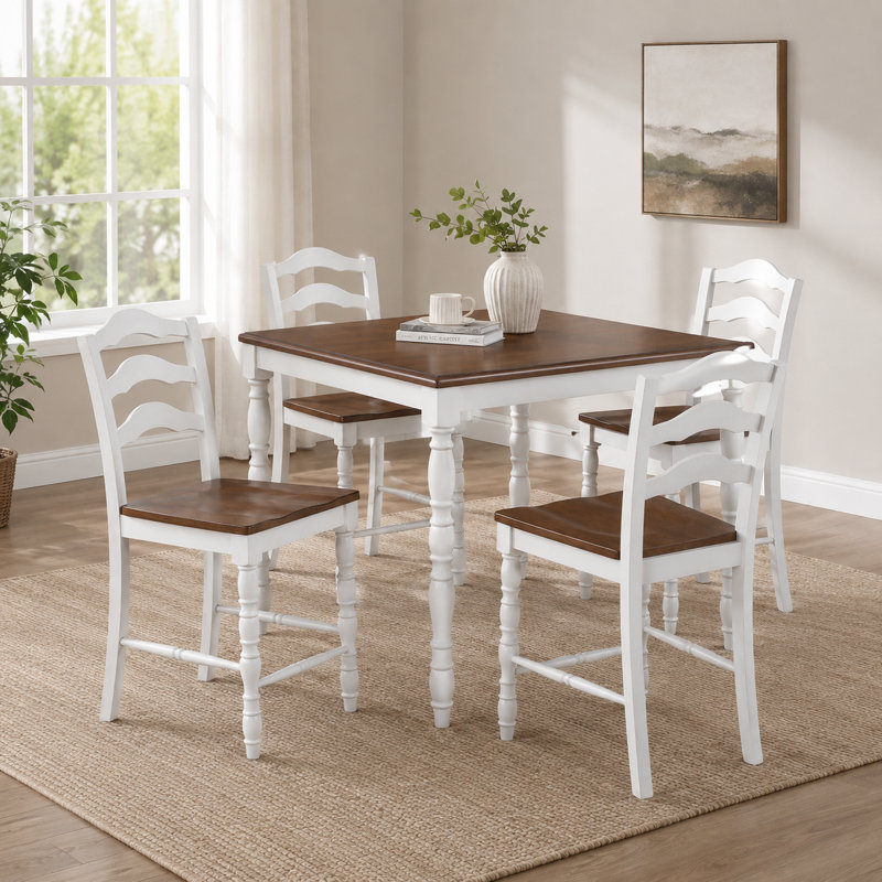 Ensemble de salle à manger à hauteur de comptoir 5 pièces: table en chêne de style campagnard et 4 chaises à dossier en échelle - Conception carrée compacte pour petit coin-repas et cuisine de campagne
