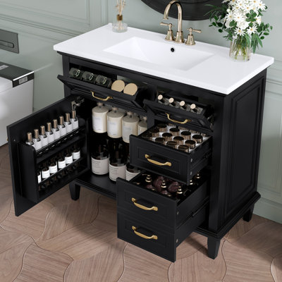 Meuble-lavabo 36 po avec lavabo en céramique, bois massif, panneau de fibres à densité moyenne et peuplier, tiroirs rabattables, tablette réglable et poignées en zinc, meubles-lavabos