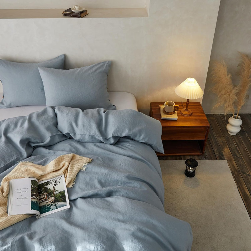 Ensemble de housse de couette 100% lin, Housse de couette pour très grand lit et 2 taies, Bleu cendré