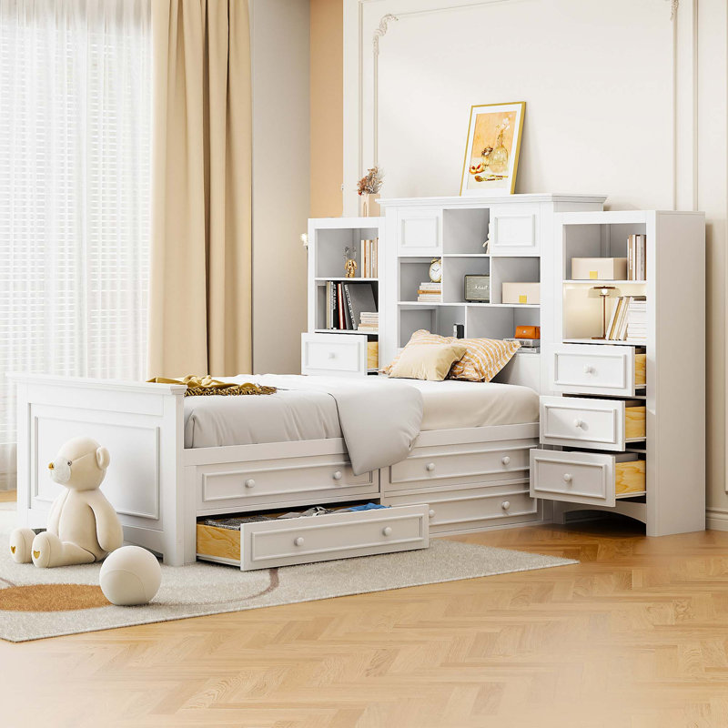 Lit plateforme en bois avec armoire de rangement intégrée et tiroirs