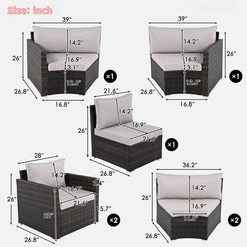 9-piece Outdoor Half-moon Wicker Conversation Sets With 1 Nesting Coffee Table And Tempered Glass Top