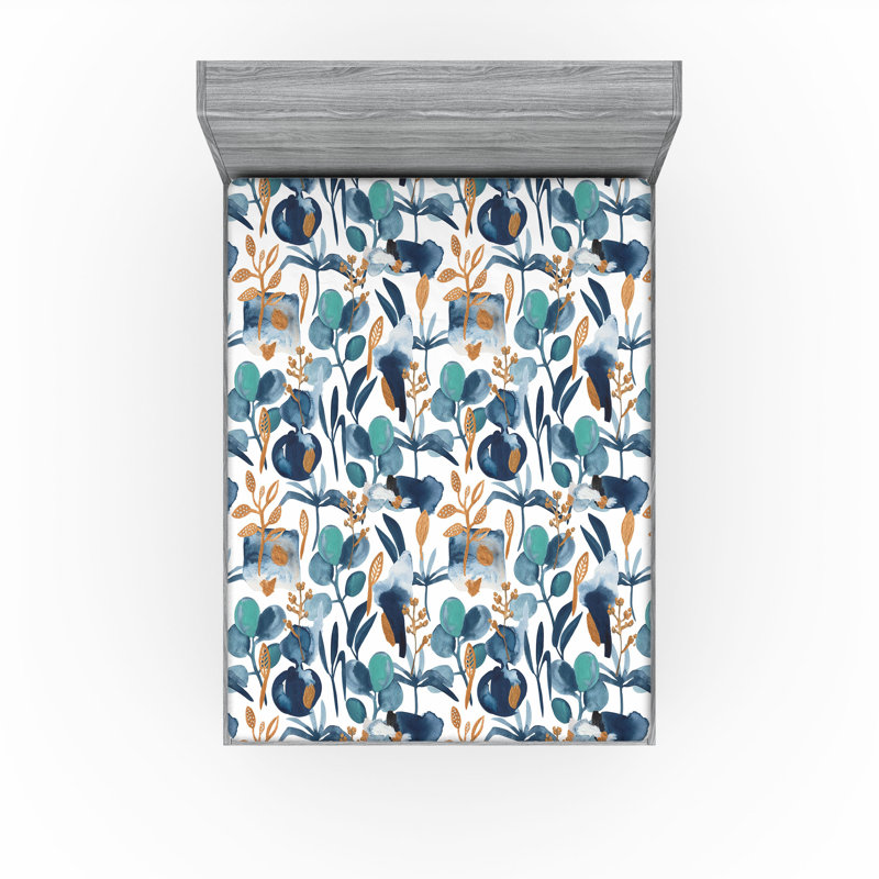 Drap-housse floral Ambesonne, Drap-housse de taille très grand, Bleu ardoise, écume de mer, ambre / floral