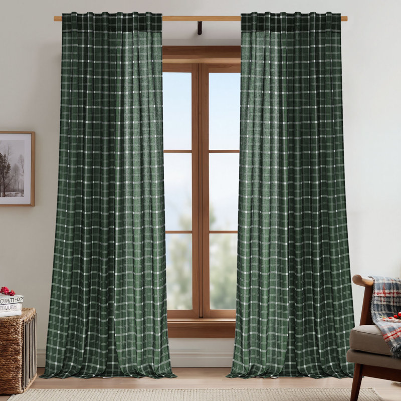 Rustic Grid Pattern Linen Light Filtering Plaid Curtains for Living Room Dining Room, Farmhouse Rod Pocket Back Tab Semi Sheer Window Curtains, 1 Pair