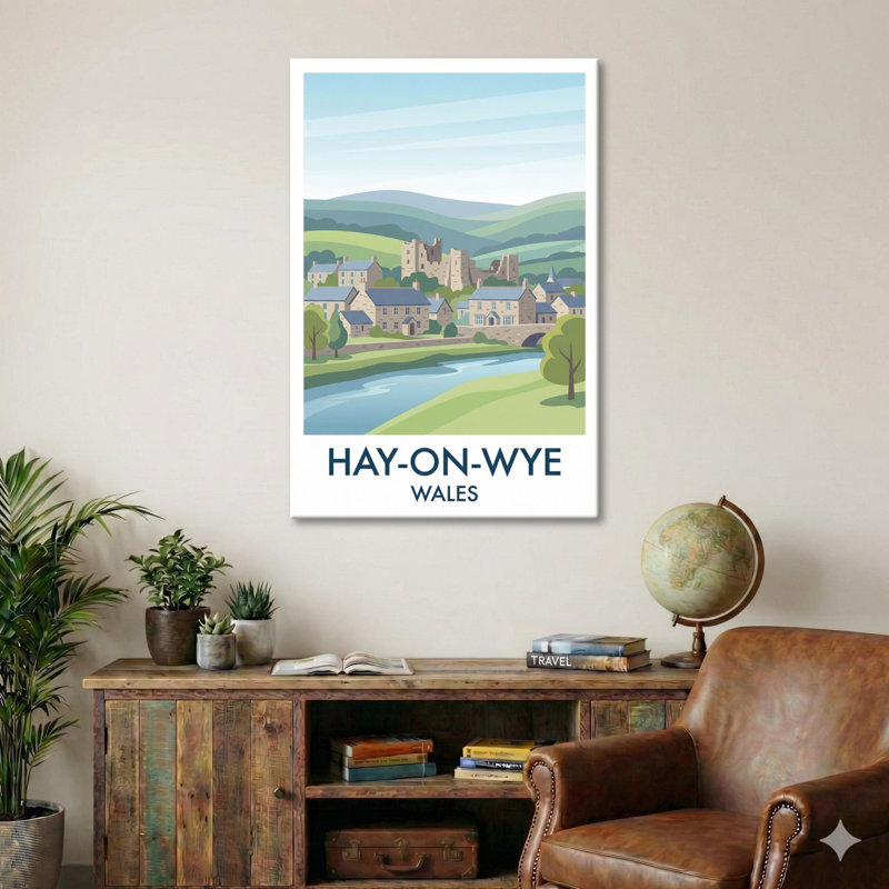 Hay-on-Wye, Wales - Romantic Book Town by the Wye | Travel Poster of Castle, River and Hills. Giclee Print on Wrapped Canvas. Wall Art, Home Decor - Cities & Towns, Wales 1 Piece Wrapped Canvas Wall Art