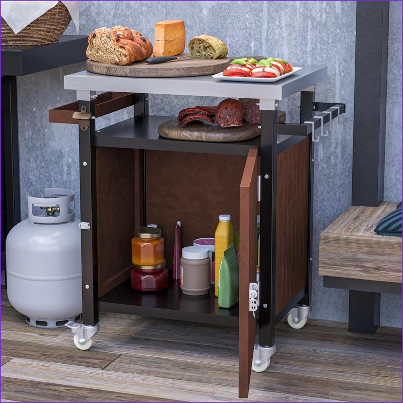 Chariot de barbecue extérieur avec plateau en acier inoxydable, rangement et amp; Roues | Acier inoxydable | Noyer brun