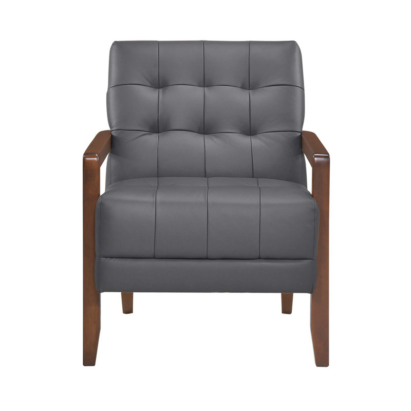 Chaise d'appoint en cuir de style moderne et capitonnée avec détails en bois et finition noyer, Gris foncé
