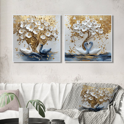 Swans Love Under A Gold White Orchid Tree Garden I - Cherry Blossom Wall Art - Traditional Wall Art Decor Set 2 Piece