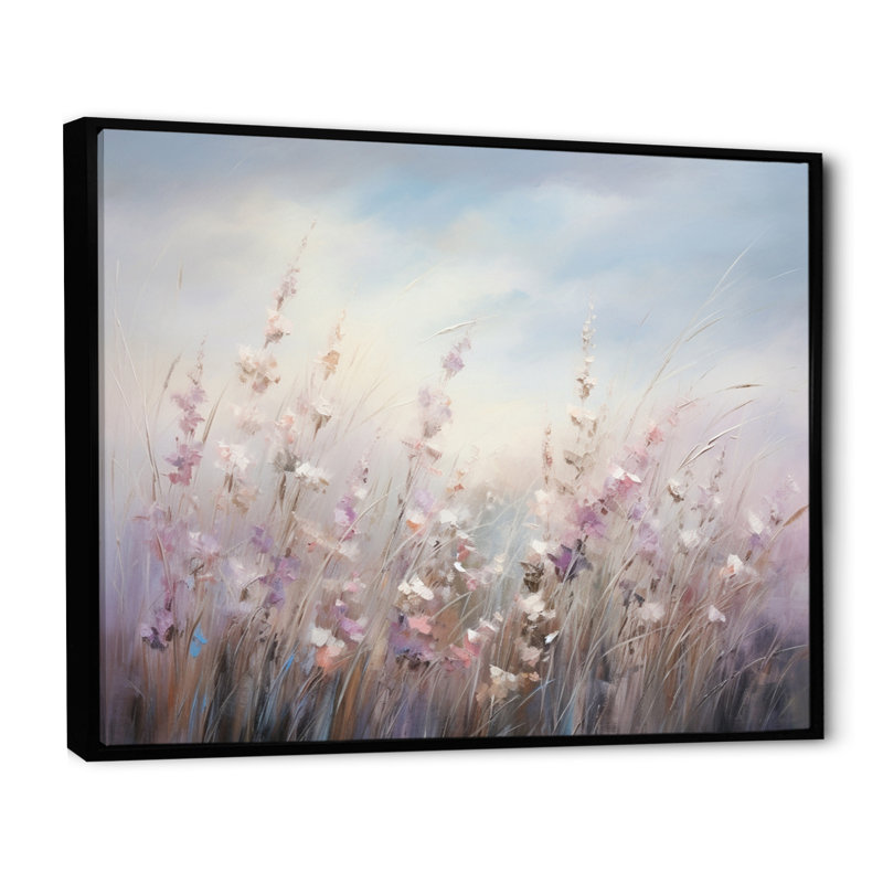 Fleurs murales mauves Whispering Breeze II - art mural fleurs sauvages pour le salon, Cadre flottant noir