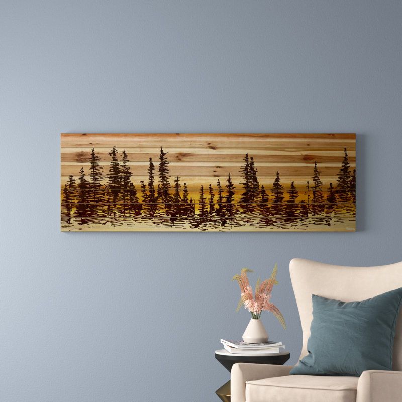 «Pine Tree Sunset», impression graphique sur bois Haimes, H 15 po x l 45 po x P 1,5 po