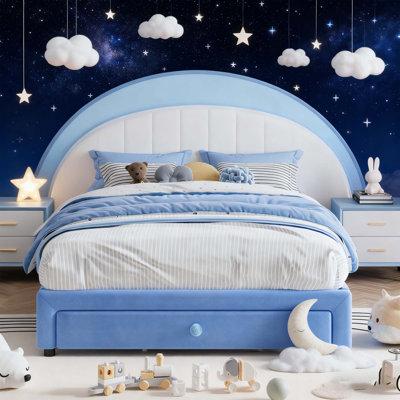 Cadre de lit rembourré avec lumières à DEL et tiroir de rangement pour enfants, filles, garçons, aucun sommier nécessaire