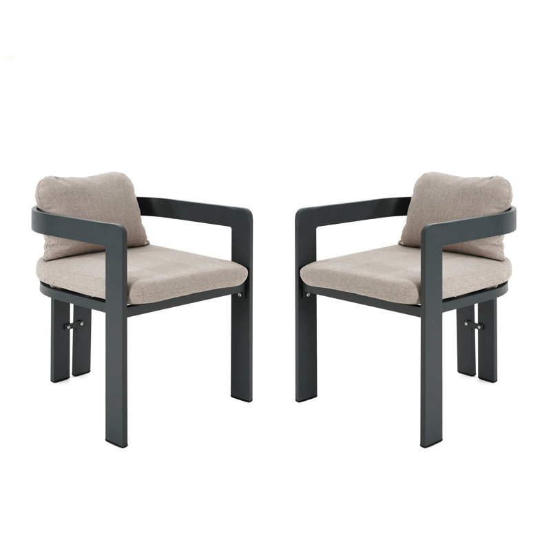 Pula Patio Outdoor Aluminum Dining Chair, Set Of 2, Black Finish With Beige Cushion, Beige