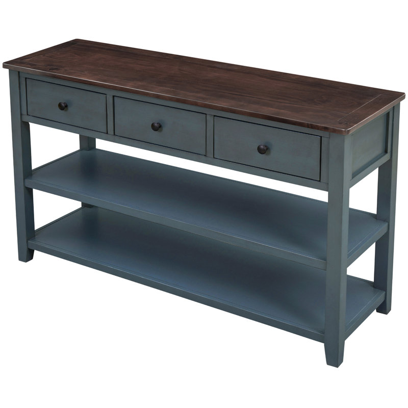 Retro Design Console Table With Two Open Shelves, Pine Solid Wood Frame And Legs For Living Room, Navy, Espresso