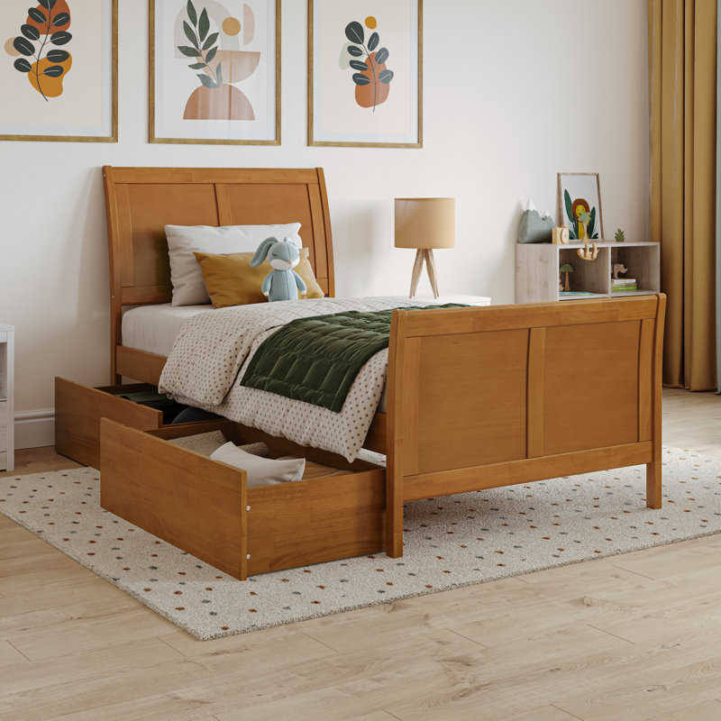 Lit plateforme en bois massif Fitzsimmons avec pied de lit et tiroirs de rangement assortis, Simple, Caramel clair, 2 tiroirs