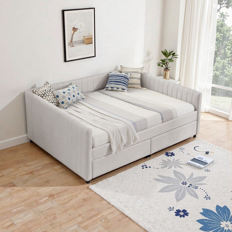 Queen Size Daybed Sofa Sleeper with Trundle & Storage Drawers - Beige Linen Upholstered Convertible Bed (86.5" x 65" x 30")