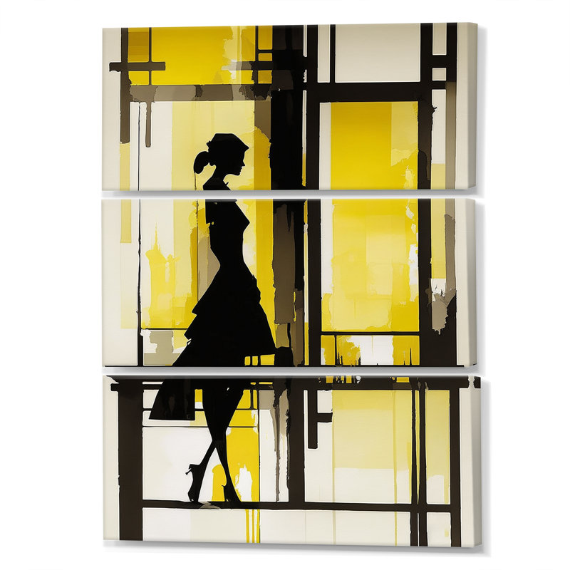 Silhouette en jaune et noir - femme moderne, ensemble d'art mural sur toile, H 32 po x l 48 po x P 1 po