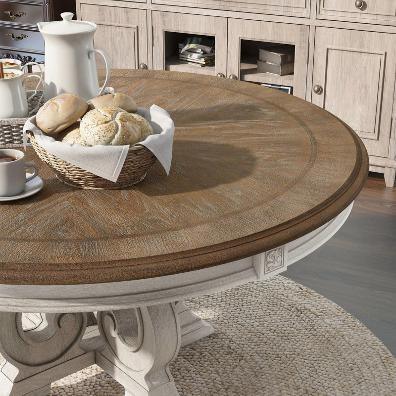 Élégante salle à manger rustique 5 pièces avec table ronde et 4 chaises d'appoint, sièges rembourrés en tissu, finition blanc antique, fabrication en bois massif, base en piédestal, incrustations complexes Détails style A, bois