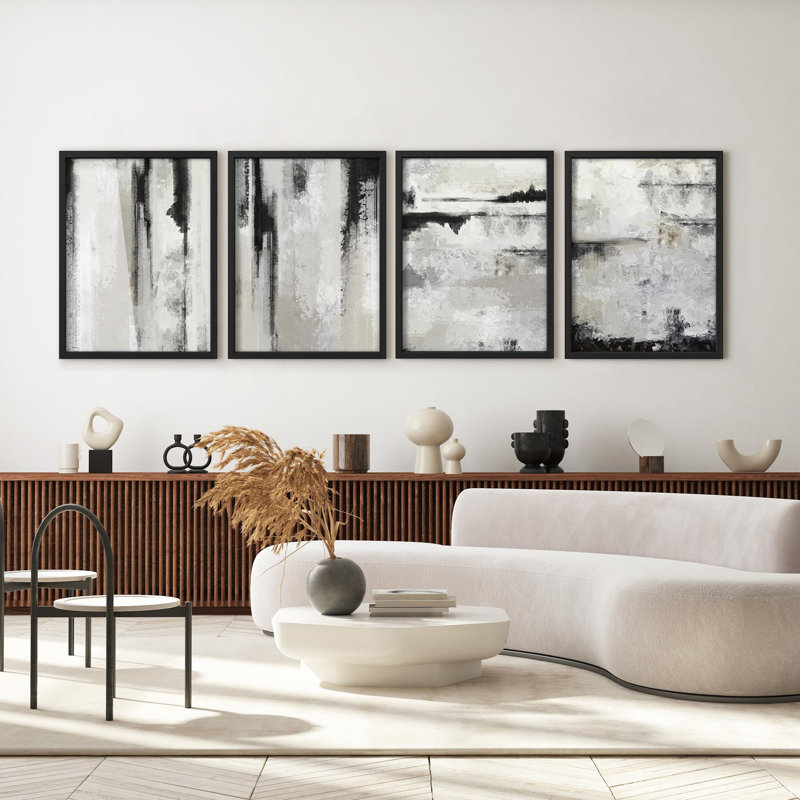 "Décor abstrait texturé noir et blanc", 4 pièces, H 10 po x l 8 po, Noir