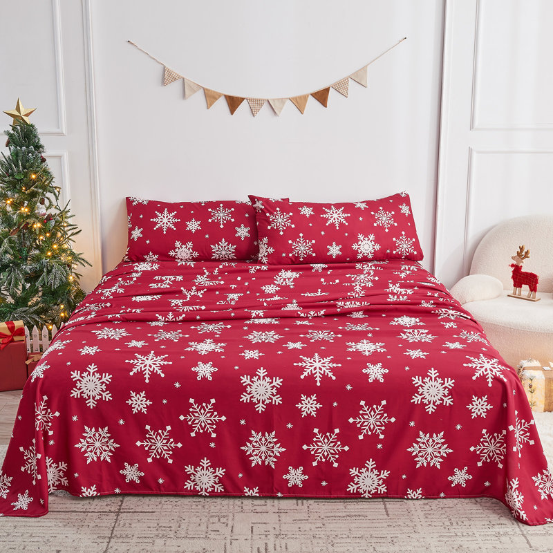 Ensemble de draps de Noël 4 pièces Gogreen, Ensemble de draps pour grand lit avec 2 taies d'or, 01 - Flocon de neige de Noël