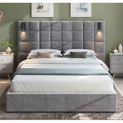 Grand cadre de lit tapissier avec applique murale et port USB, velours gris