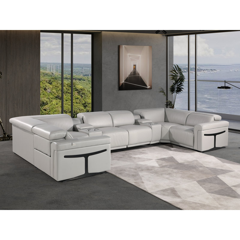 Canapé modulaire en cuir italien à accoudoirs inclinables électriques 8 pièces Stanwinn, Cuir véritable gris