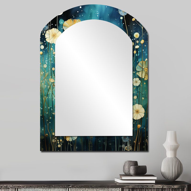 Aigue-marine, fleurs printanières à l'aube - miroir mural asymétrique floral, miroir décoratif arqué traditionnel, impression d'art en métal