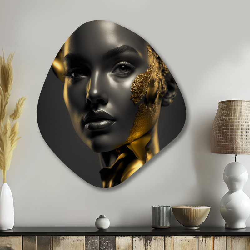 Art mural asymétrique en forme de nébuleuse noire et dorée «V», H 35 po x l 31 po