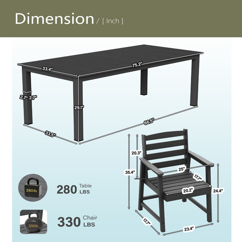 Table et chaises de salle à manger d'extérieur standard 7 pièces, Noir