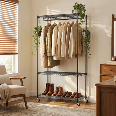 Rolling Clothes Rack, Garment Rack, Heavy Duty Garment Rack, Freestanding Clothes Rack, Closet Organizer And Storage (35.43" D X 17.72" W X 73.23" H)