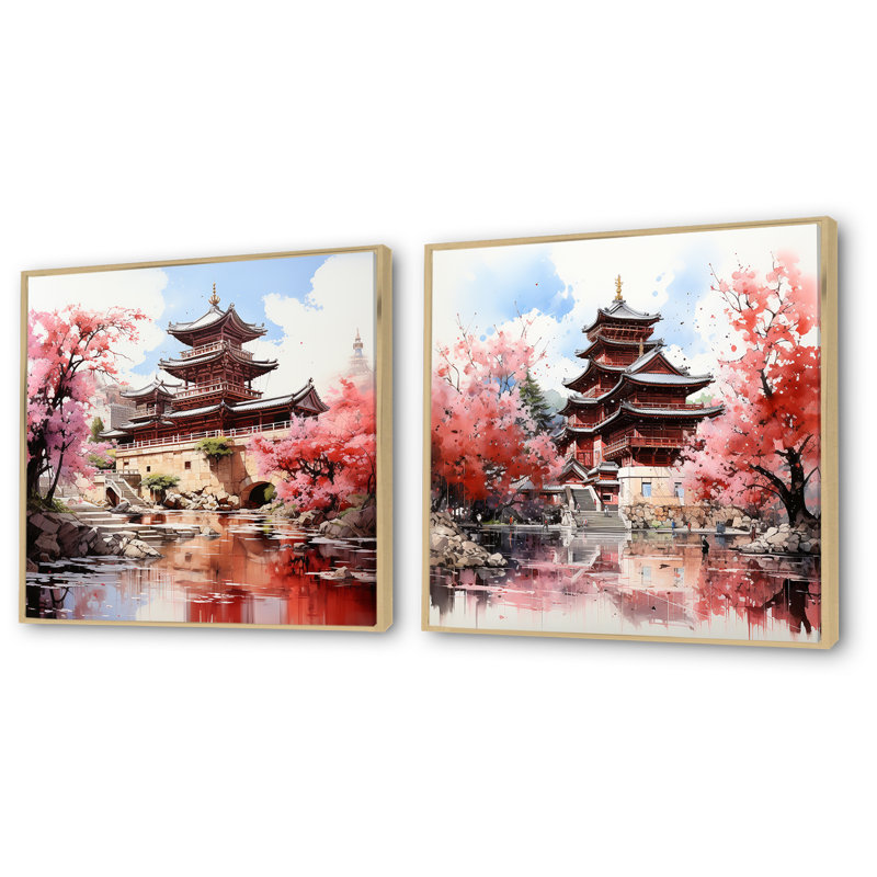 «Spring Spring China Serenity At The Temple I», ensemble de 2 décorations murales chinoises, Cadre flottant brun