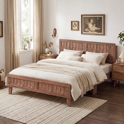 Base de lit grand format avec tête et pied de lit tissés, support à lattes en bois
