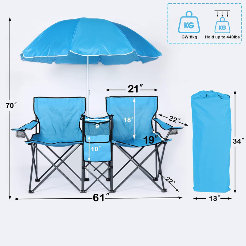 Chaise de camping portative tout-en-un pour l'extérieur 2 personnes avec parasol, Bleu