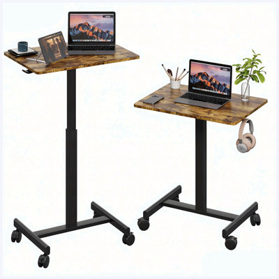 Bureau mobile à hauteur réglable 26 po x 19 po brun et noir avec vérin à gaz, roulettes verrouillables et crochet pour casque, mini table de bureau
