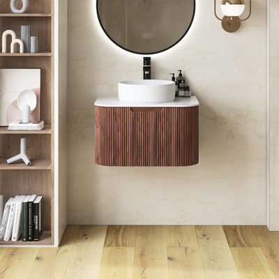 Meuble-lavabo mural rayé à rebords incurvés pré-assemblés avec lavabo, tiroir, lavabo en céramique blanche sans robinet, couleur grain de bois noyer foncé