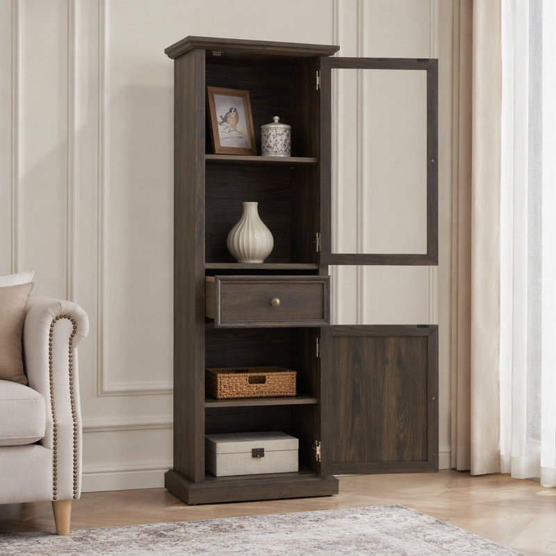 Grande armoire de rangement autoportante avec porte vitrée et tablettes réglables, buffet pour une organisation polyvalente de la pièce