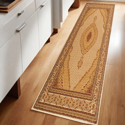 Tapis oriental crème tissé à la machine 3 pi x 8 pi résistant aux taches