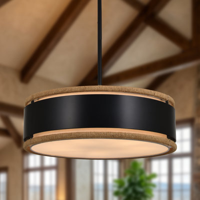 21.7" 5 - Light Dimmable Farmhouse Metal Drum Chandelier with Natural Rope
