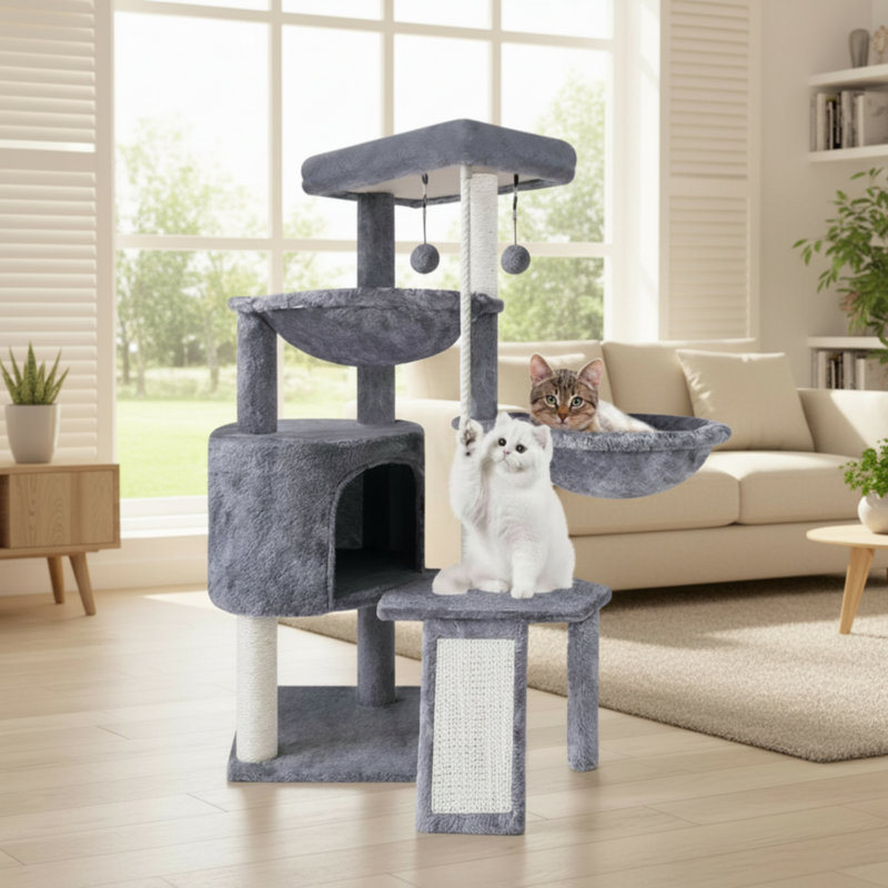 Arbre à chat gris à trois niveaux avec lit pour chat et deux hamacs